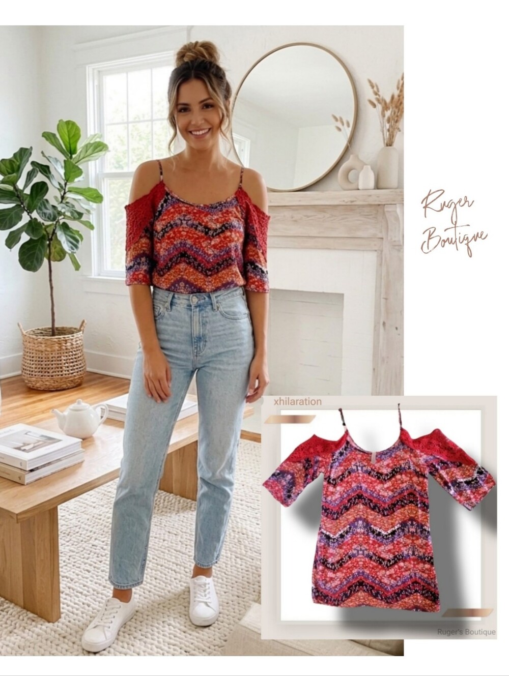 🌿Xhilaration Women's Large Off The Shoulder Crochet Sleeve Floral Print Top